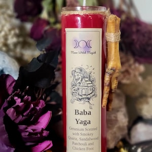 BABA YAGA Invocation and Offering Candle with Chicken Foot and Smoky Quartz, Geranium Scented with Patchouli and Sandalwood, 10 & 16oz sizes