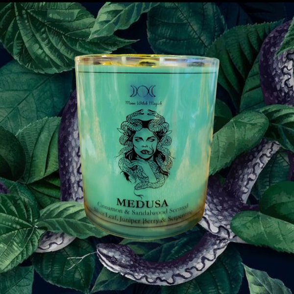 Medusa Altar Candle, Cinnamon & Sandalwood Scented with Serpentine crystal, Juniper and Silver Leaf