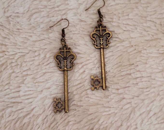 Skeleton Key Earrings, Broom Closet Hecate Earrings, Antique Bronze Finish