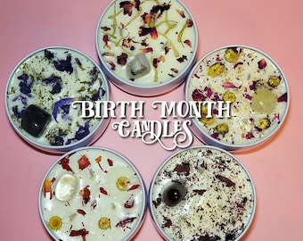 Birth Month Candle 8 oz, Includes Birth month Flowers, Birth Month Crystals, Scented, Birthday Candles, See Item Details
