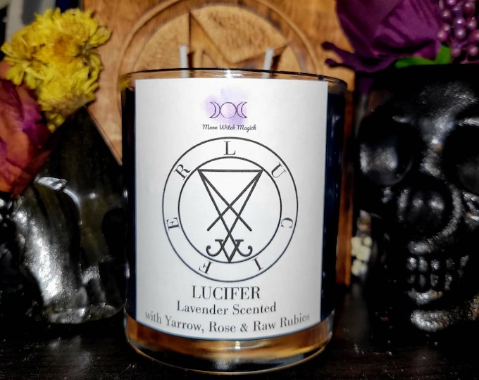 Lucifer Offering Candle with Small Raw Ruby or Labradorite, Rose and Yarrow Lavender Scent with Snake or Swan Charm. Invocation Deity Candle