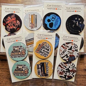 Bookish Car Coasters, 2 Pack, Variety Book themed car accessories