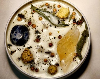 SCORPIO ZODIAC CANDLE with Citrine and Sodalite cystals,  Jasmine and Clary Sage Scented,  crystal size may vary