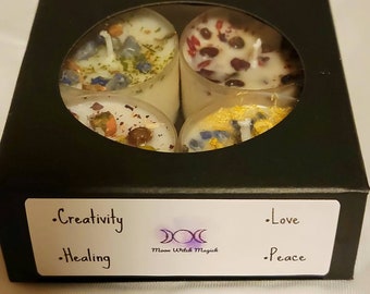 Tealight Spell Candle Set: Intention Candles with Herbs & Crystals | Creativity, Healing, Love and Peace