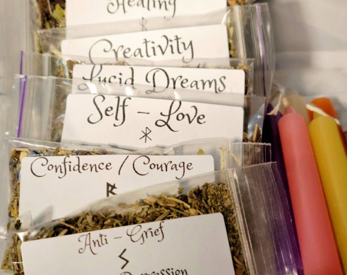 Customized Spell Kit, Build your own spell, candle magic spell, Includes herbs, flowers, crystals, candles, oil & Instructions. CANDLE MAGIC