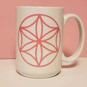 Aphrodite Ceramic Mug, Dishwasher and Microwave Safe, Pink Outline on White Mug, Aphrodite/ Venus Sigil Flower Design