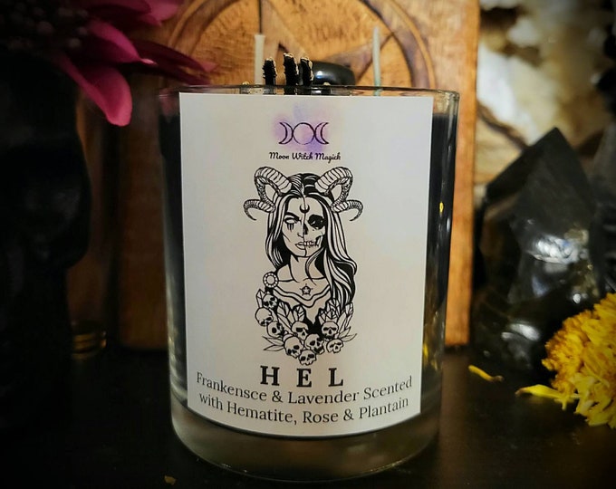 Hel Goddess Offering Candle, Rose and Wormwood, Skeleton Hand, Frankincense & Lavender Invocation Candle for HEL, Deity Candle with Hematite