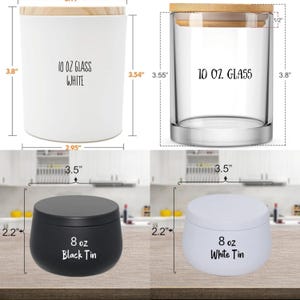 Op de afbeelding: Vier kaarsenpotten in verschillende maten en kleuren. Twee glazen potten met houten deksels, gelabeld "10 oz Glass", en twee metalen potten, gelabeld "8 oz Black Tin" en "8 oz White Tin".