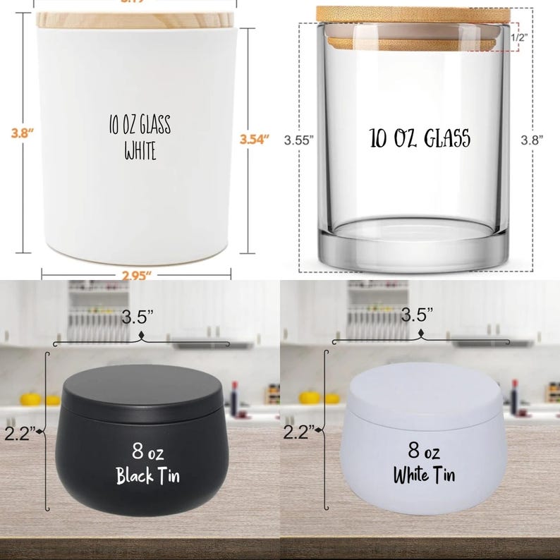 Op de afbeelding: Vier kaarsenpotten in verschillende maten en kleuren. Twee glazen potten met houten deksels, gelabeld "10 oz Glass", en twee metalen potten, gelabeld "8 oz Black Tin" en "8 oz White Tin".