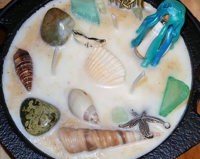 Cauldron Candle Sea Witch, OCEAN SCENTED CANDLE, Stress Relief Candle, Lucky Ocean Charms with Sea glass and Seashells Jasper, Halloween
