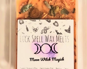 LUCK SPELL Wax Melts - Made With Orange Essential Oil - Crystal Chips and Dried Daisy Flowers - Happiness and Joy Candle - Gift ideas