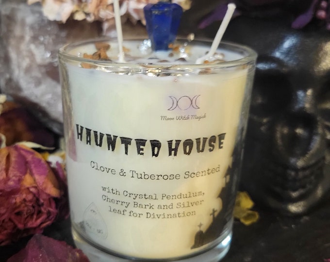 Divination Candle Haunted House, Clove & Tuberose Scent, Crystal Pendulum with Chain, pure silver leaf, cherry bark, Seance Candle