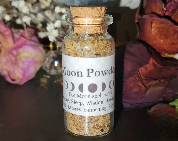 MOON POWDER, Moon spells including- Dreams, Sleep, Wisdom, Love, Luck, Protection, Money, Banishing, and Psychic Powers, charged with quartz