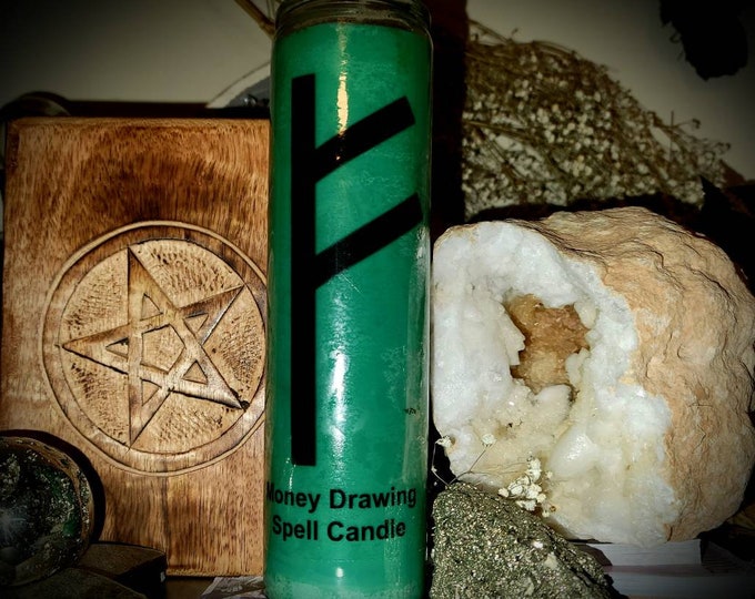 Money Spell Candle, 7 day candle, Crystal on the Bottom, Aventurine crystal, money Drawing spell candle, Witches candle