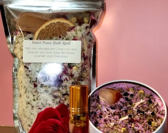 Gift Set- Bath Soaking Salts, Inner Peace Candle, Fragrance Oils, Self Care Box, Self Care And Daily Relaxation, Mood Booster Box