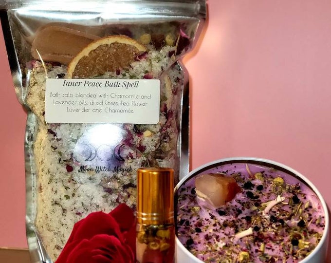 Gift Set- Bath Soaking Salts, Inner Peace Candle, Fragrance Oils, Self Care Box, Self Care And Daily Relaxation, Mood Booster Box