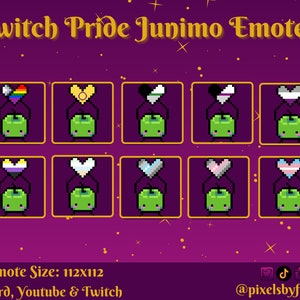 Puede incluir: Una cuadrícula de 10 emoticonos de pixel art que muestran un personaje Junimo verde sosteniendo un corazón con diferentes banderas del orgullo. Los emoticonos tienen 112x112 píxeles y están diseñados para su uso en Discord, Youtube y Twitch. El texto "Twitch Pride Junimo Emotes" está en la parte superior de la imagen. El texto "Emote Size: 112x112" está en la parte inferior de la imagen. El texto "Discord, Youtube & Twitch" está debajo del texto "Emote Size: 112x112". El texto "@pixelsbyflower" está en la parte inferior derecha de la imagen.