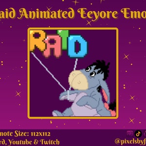 Puede incluir: Emote animado de Eeyore con la palabra "RAID" en letras pixeladas de colores. El emote tiene 112 píxeles por 112 píxeles y es adecuado para Discord, Youtube y Twitch.