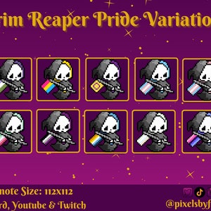 Puede incluir: Un conjunto de 10 emojis de Grim Reaper en pixel art, cada uno con una bandera del orgullo diferente. Los emojis tienen un tamaño de 112x112 píxeles y están diseñados para su uso en Discord, Youtube y Twitch. El texto "Grim Reaper Pride Variations" está en la parte superior de la imagen. El texto "Emote Size: 112x112" está en la parte inferior de la imagen. El texto "Discord, Youtube & Twitch" está debajo del texto "Emote Size: 112x112". El texto "@pixelsbyflower" está en la parte inferior derecha de la imagen.