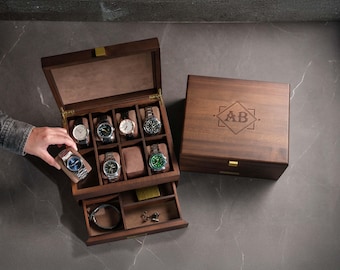 Uhrenbox / Uhrenbox aus Holz mit herausnehmbaren Trennwänden & ausziehbarer Schublade: Geschenke für Ihn, Vater, Abschlussgeschenk für Sohn [WAX-07] [N] [W]