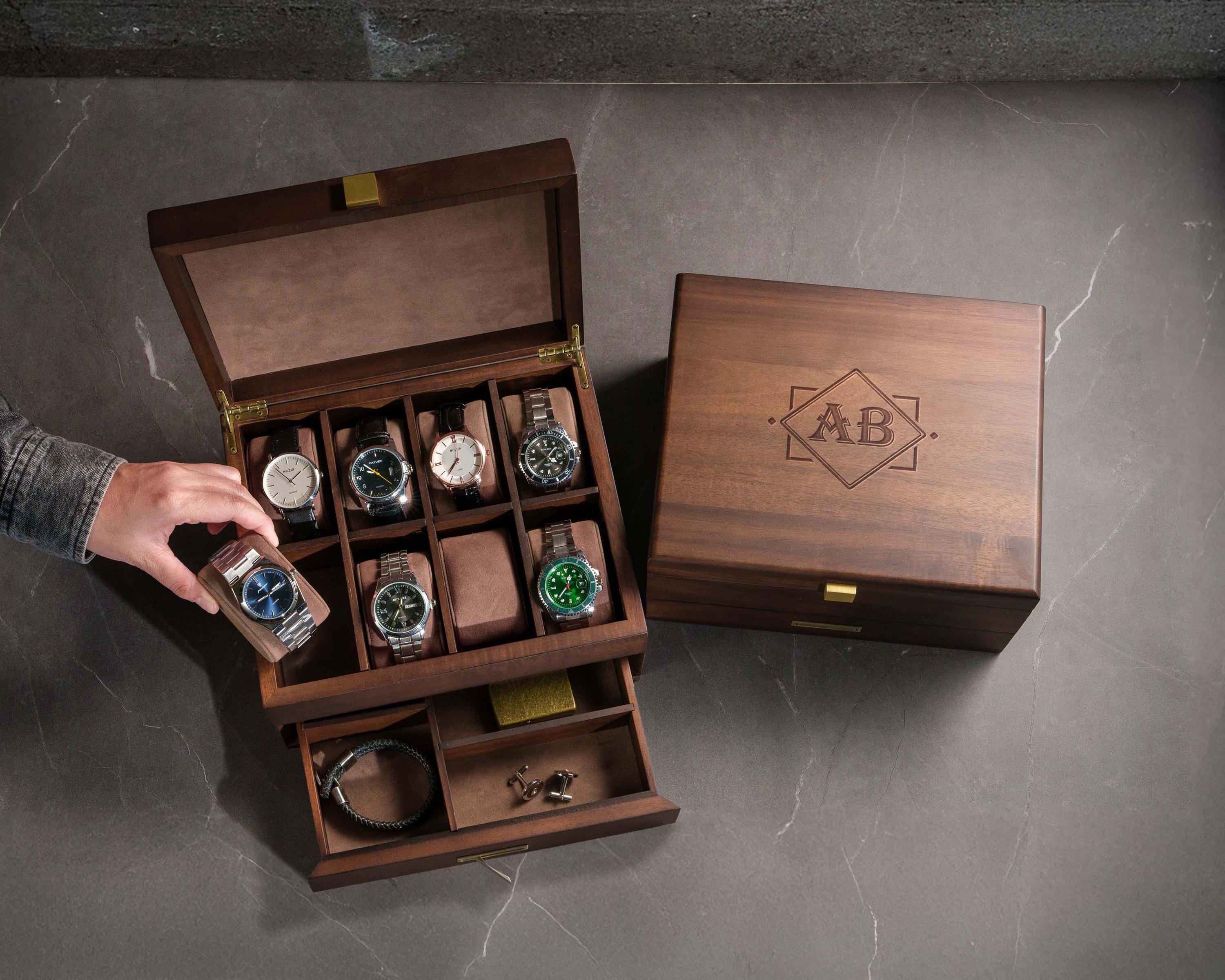 Wooden Watch Box, Watch Case With Removable Dividers & Pull-out