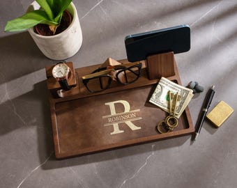 Engraved Groomsmen Valet Tray, Personalized Acacia Wooden Desk Catchall Organizer