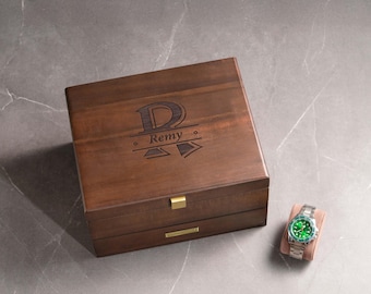 Custom Watch Box, Gift for Him: Large Wooden Storage, Removable Dividers, Pull-Out Drawer [WBX-07] [N]