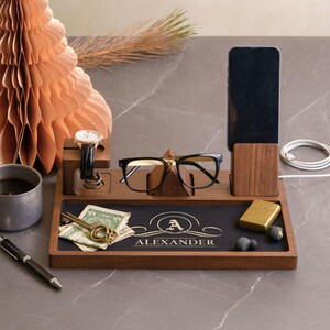 Engraved Groomsmen Valet Tray, Personalized Acacia Wooden Desk Catchall Organizer image 7