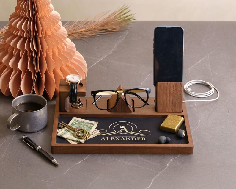Engraved Groomsmen Valet Tray, Personalized Acacia Wooden Desk Catchall Organizer image 7