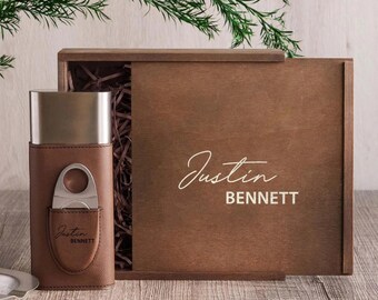 Groomsmen Proposal Gift: Engraved Wooden Box and Custom Leather Cigar Case with Cutter [N]