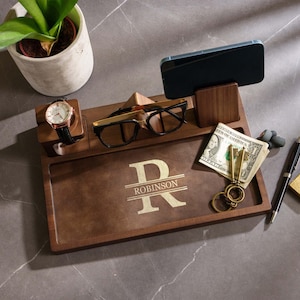 Personalized Acacia Valet Tray, Custom Wood Nightstand Organizer Charging Docking Station [W]