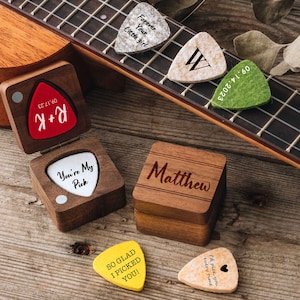 Custom Felt Guitar Picks with Wood Holder | Personalized Gifts for Husband | Anniversary Gift for Him | Guitarist Gift for Dad |Ukulele pick