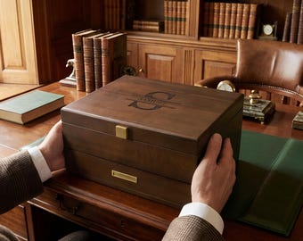 Mens Watch Box, Gift for Him: Wooden Storage, Removable Dividers, Pull-Out Drawer [WBX-07] [N]
