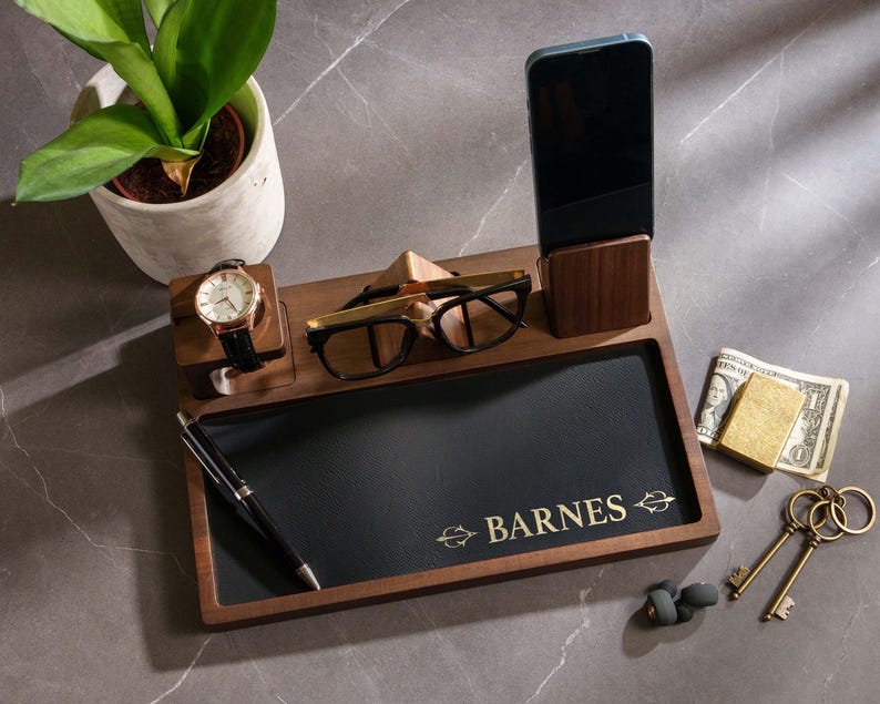 Engraved Groomsmen Valet Tray, Personalized Acacia Wooden Desk Catchall Organizer image 1