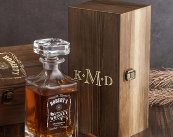 Custom Whiskey/Bourbon Decanter, Glasses, Wooden Box: Personalized Gift for Him, Fathers Day, Anniversary, Birthday