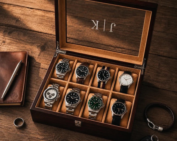 Personalized Wooden Watch Box, 5 or 10 Slot Display Case, Watch Case for Men, Christmas, Anniversary Gifts for Husband Son [WBX-0102]