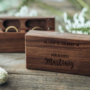 Engagement Wood Ring Box Wooden Double Slot Ring Bearer Custom Wedding Ring Box Proposal Engraved Ring Holder Couple Valentines Gift image 4