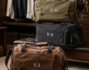 Groomsmen Gift Custom Monogram Canvas Duffle Bag: Embroidered Weekender Travel Duffel [N]