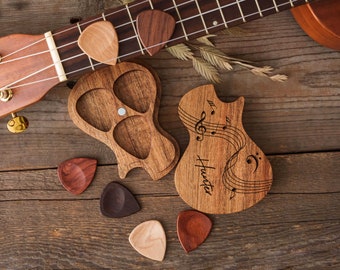 Personalized Wood Guitar Pick Case | Engraved Wooden Picks Holder  | Gift for Guitarist Musicians| Custom Guitar Shape Pick Box