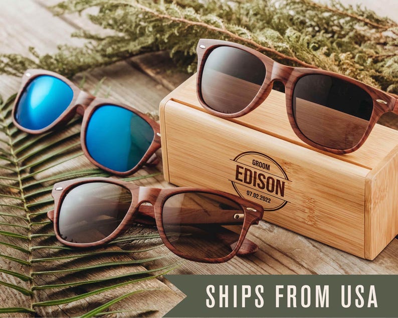 Personalisierte Sonnenbrille, Groomsmen Geschenke, Geschenk für Ihn, Sonnenbrillenbox mit Gravur Bild 1