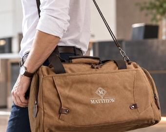 Weekender Bag Personalized Monogrammed Canvas Duffel: Men Custom Overnight Carry On Luggage, Large Multi Pocket [N]