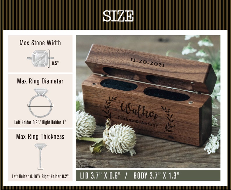 Engagement Wood Ring Box Wooden Double Slot Ring Bearer Custom Wedding Ring Box Proposal Engraved Ring Holder Couple Valentines Gift image 3