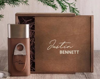 Groomsmen Proposal Gift: Engraved Wooden Box and Custom Leather Cigar Case with Cutter [N]