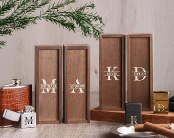 Groomsman Appreciation Keepsake: Customized Standard Wooden Gift Box and Engraved Metal Lighter [N]