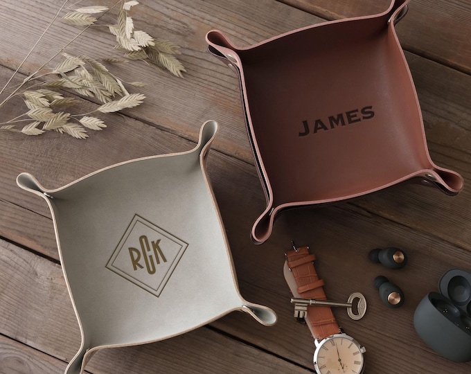 Gift for Him, Custom Leather Valet Tray, Engraved Home Decor, Desk Organizer