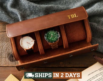 Personalized Leather Watch Roll, Embossed Travel Watch Case, 1 2 & 3 Slots, Graduation Gift, Anniversary Gifts for Him, Husband, Dad