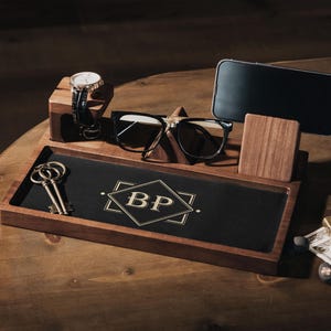 Engraved Groomsmen Valet Tray, Personalized Acacia Wooden Desk Catchall Organizer image 9