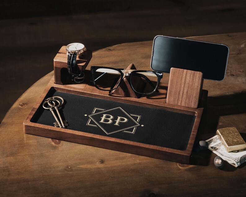 Engraved Groomsmen Valet Tray, Personalized Acacia Wooden Desk Catchall Organizer image 9