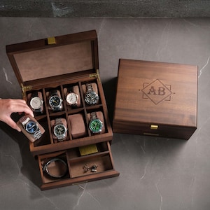 Wooden Watch Box, Gift for Him: Removable Dividers, Pull-Out Drawer [WBX-07] <W>