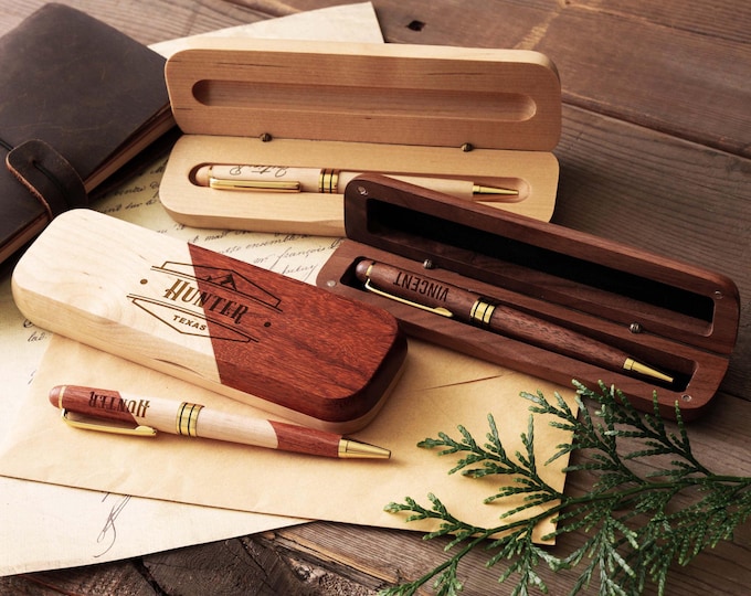Custom Wood Pen Set, Wood Engraved Pen Holder, Personalized Gift for Him/Dad/Son, Graduation Gift Ideas